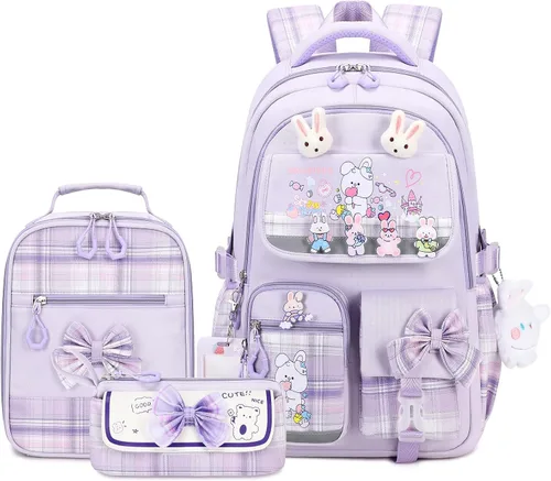 Vista 8 de CYOQX Mochila escolar para niñas, 3 piezas, con lonchera, juego de mochila para adolescentes y niñas, linda mochila escolar para niños y niñas