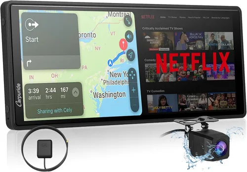 Vista 10 de CARPURIDE W903 Carplay portátil y Android Auto con cámara de salpicadero, pantalla HD IPS de 9.3 pulgadas, cámara frontal 4K y trasera 1080P