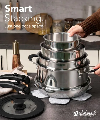 Vista 3 de Michelangelo Juego de 14 utensilios de cocina de acero inoxidable de tres capas con asas desmontables, juego de ollas y sartenes apilables