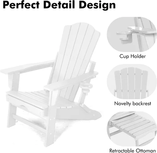 Vista 6 de LETKIND Folding Adirondack Chair with Retractable Ottoman,All Weather Fire Pit Chairs with Cup Holder,Outdoor Chair with Ottoman,White