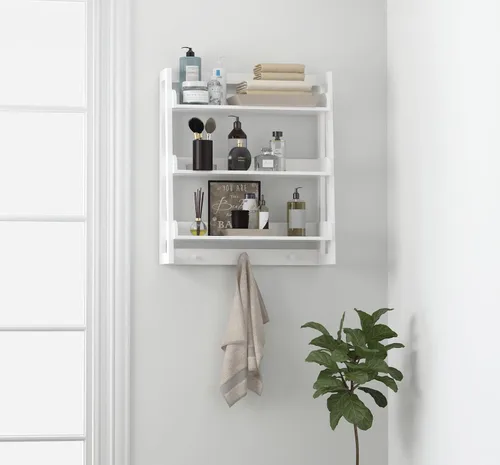 Vista 6 de UTEX Estante de pared para baño, organizador de estante de almacenamiento sobre el inodoro, estante de montaje en pared de 3 niveles con gancho