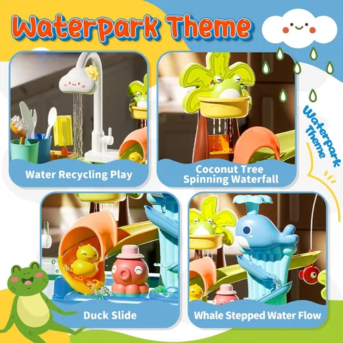 Vista 5 de Fregadero de juego de 21 pulgadas de alto con agua corriente, fregadero de cocina 4 en 1 para niños con grifo eléctrico, mini mesa de agua con patas