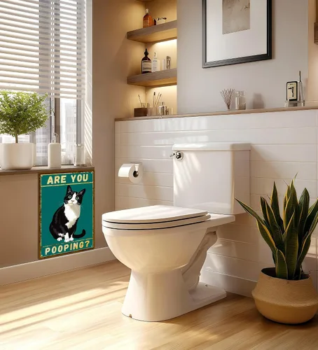 Vista 7 de Divertido arte de pared para baño, letrero de gato con texto en inglés "Are You Pooping", letreros metálicos vintage para baño, casa o apartamento