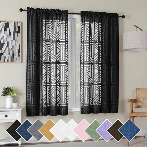 Vista 20 de Simplebrand Cortinas traslúcidas negras de cocina de 24 pulgadas de largo, 2 paneles, filtrado de luz, geométrico jacquard con textura, cortinas