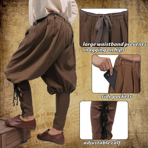 Vista 5 de Renaissance Ankle Banded Pants Men Medieval Pirate Loose Linen Trousers
