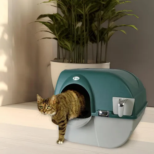 Vista 7 de Omega Paw VMRA20-1-PR Premium Roll 'N Clean - Caja de arena grande autolimpiante con escalón de arena integrado y parrilla de tamizado única, verde