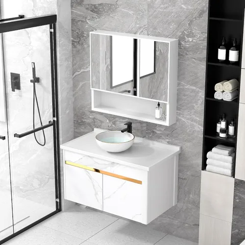 Vista 2 de Fregadero de recipiente blanco redondo - Fulorni 33x33 cm Lavabo de baño de cerámica de porcelana con borde dorado sobre encimera, fregadero