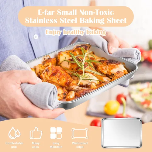 Vista 3 de E-far Mini bandeja para horno tostador, bandeja para hornear galletas de acero inoxidable de 9.4 x 7.3 pulgadas, bandeja pequeña de metal no tóxico
