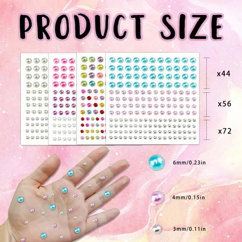 Vista 2 de 2064 piezas de perlas para manualidades, calcomanías de perlas autoadhesivas de 4 colores, 12 hojas de perlas para el cabello para hacer manualidades