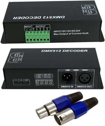 Vista 9 de AKEPO Mini decodificador de pantalla digital DMX de 4 canales, controlador DMX512 para luces LED RGBW DC9-24V 4A/CH con 15 efectos integrados