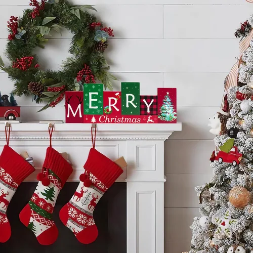 Vista 2 de Decoraciones de mesa de Navidad, centros de mesa de invierno de madera, Feliz Navidad, reversible, patrón de doble cara, letrero de pie para mesa