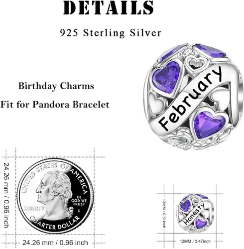 Vista 5 de DALARAN Dijes de piedra natal para pulsera de plata de ley 925 con cuentas de corazón de feliz cumpleaños para mujer
