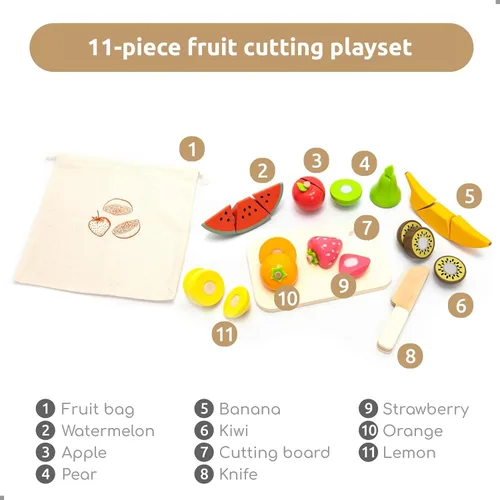 Vista 6 de Juego de frutas para cortar frutas – Accesorio de cocina de madera para jugar, accesorios de juego de simulación, juguetes de madera para cortar