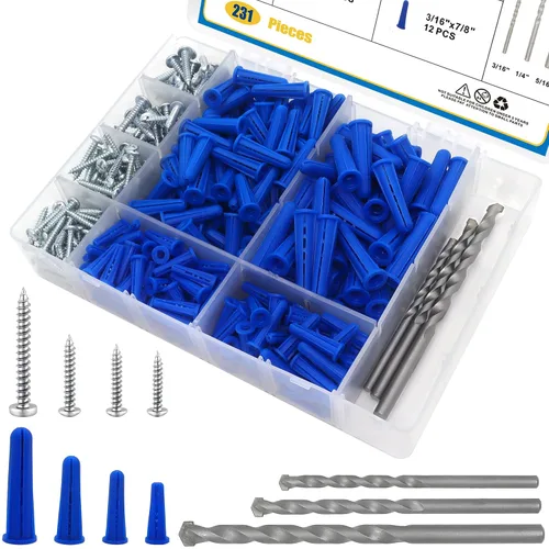 Vista 8 de Kit surtido de anclajes y tornillos de pared de hormigón cónico, 228 anclajes de mampostería con 3 brocas de perforación, 114 anclajes de pared