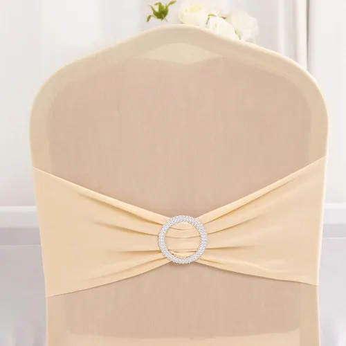 Vista 6 de Efavormart - Funda para silla de banquete de elastano beige con banda de hebilla de diamantes de imitación plateados, funda elástica para silla