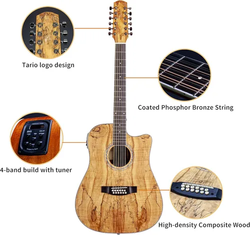 Vista 8 de TARIO 12 Cuerdas Acústica Eléctrica Cutaway Guitarra Spalted Maple Top Caoba Back & sides Okoume Neck