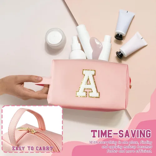 Vista 2 de Bolsa de maquillaje personalizada con inicial con asa, bolsa de cosméticos de preparación con bolsillo interior con cremallera, 8, 9, 10, 11, 12 Rosa