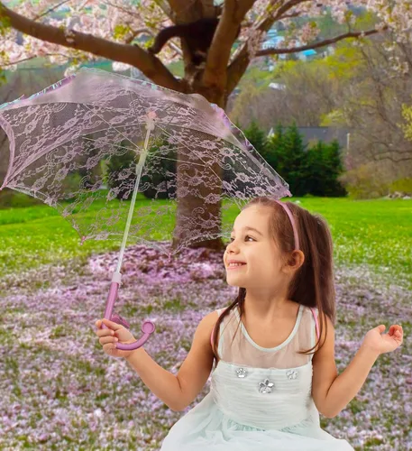 Vista 3 de Mozlly Parasol Umbrella With Whistle - Foldable Lace Parasol Tea Party Decorations For Little Girls - 20 Diameter