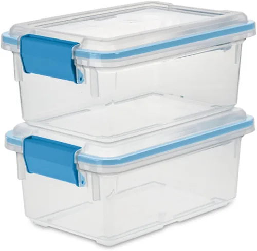 Vista 8 de Sterilite 19414306 - Caja de almacenamiento de plástico transparente de 7.5 cuartos y tapa con pestillos azules