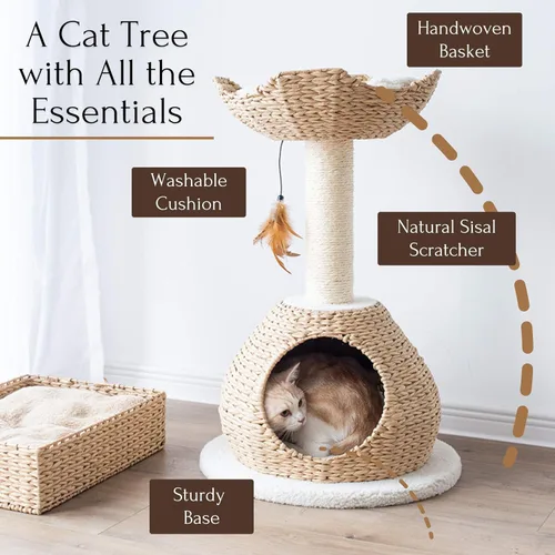 Vista 5 de Petpals Cama nido de cuerda de papel tejida a mano de 28 pulgadas de alto y cesta grande tejida a mano con cojines lavables, poste rascador de sisal