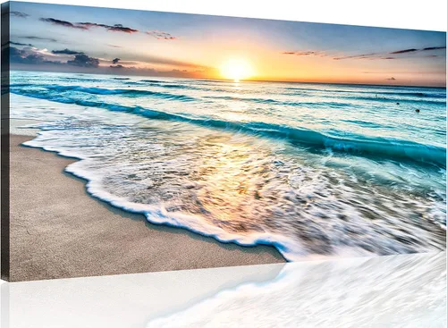 Vista 34 de TutuBeer 3 paneles de fotos de playa, arte de pared, diseño de mar azul, playa blanca al amanecer, imágenes impresas en lienzo, imágenes del océano
