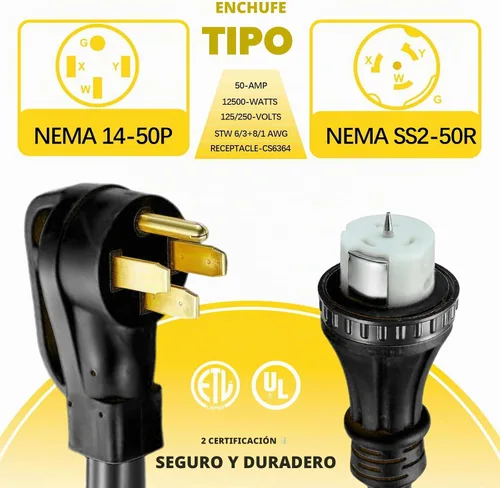 Vista 4 de Cable de extensión de generador de 50 amperios, cable de alimentación resistente de 13 pies 14-50P a SS2-50R para RV, interruptor de transferencia