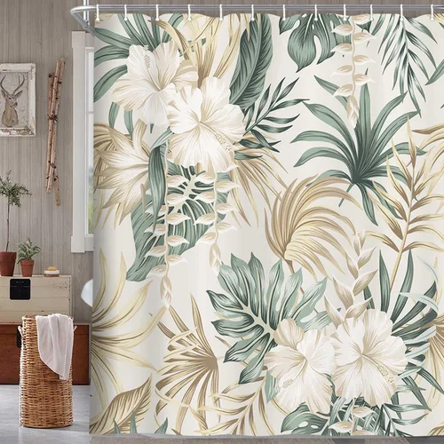 Vista 9 de DYNH Cortina de ducha para baño, diseño de plantas tropicales, plantas tropicales, caravanas, hojas de palmera verde salvia, beige, bonita
