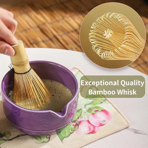 Vista 6 de Juego de Matcha, Kit de 8 Piezas de Tazón y Batidor de Cerámica con Patrón de Setas, Chawan Japonés Tradicional, Chasen de Bambú, Cuchara y Tamiz