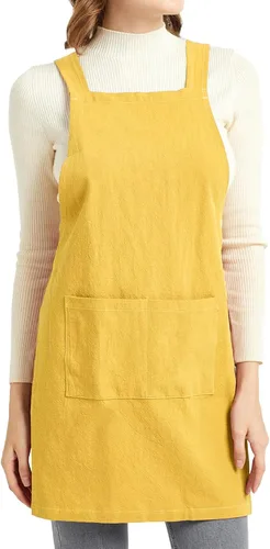 Vista 7 de ELEZAY Delantales para mujer con bolsillos, talla grande, cómodo, espalda cruzada, sin lazo, delantal de lino y algodón Verde