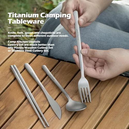 Vista 2 de Boundless Voyage Juego de cubiertos de titanio portátil para acampar, palillos, cuchillo, tenedor, cuchara, juego para viajes en casa