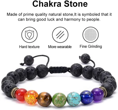 Vista 4 de Brazalete GelConnie de piedras de lava, 7 chakras, 0.32 pulgadas, piedra natural, para curación, alivio del estrés, yoga, ansiedad, aromaterapia