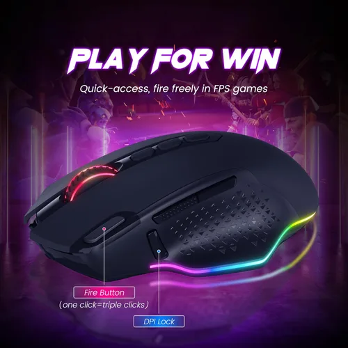 Vista 6 de WEEMSBOX Ratón inalámbrico para juegos, mouse ergonómico recargable RGB para PC, con 9 efectos de iluminación RGB de hasta 10000 DPI, 10 botones