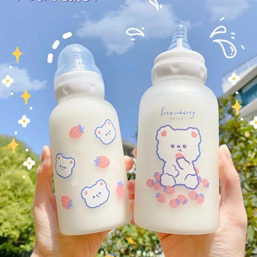 Vista 4 de JHTPSLR Botella de agua de vidrio con pezón con pezón de 11 onzas, botella de agua Kawaii para adultos, deportes, oficina, bonita botella