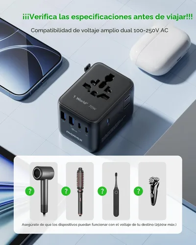 Vista 9 de MOMAX 70W Adaptador de viaje universal 7 en 1 GaN Adaptador de corriente internacional Negro