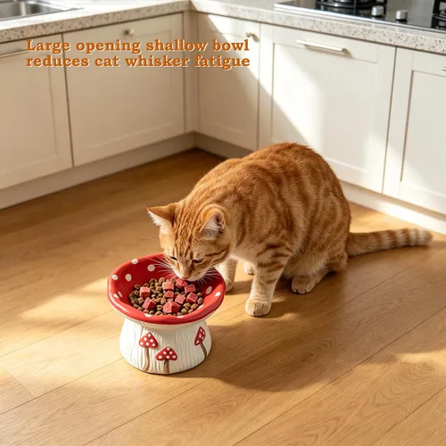 Vista 5 de Cuenco elevado del gato del alimentador lento, hongo lindo de cerámica