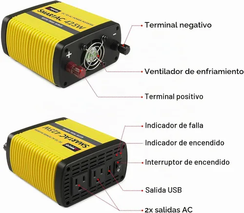 Vista 3 de Wagan EL3706 - Inversor de corriente de 425W, 425W TrueRated continuo, potencia de pico de 825W, inversor de CA a CC de 12V a 110V AC, con 2 tomas