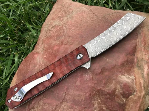 Vista 3 de TACTICAL GEARZ Navaja de bolsillo de Damasco para EDC, mango de palisandro, hoja recta de damasco con 67 capas y un núcleo VG10 (Rogue XS)