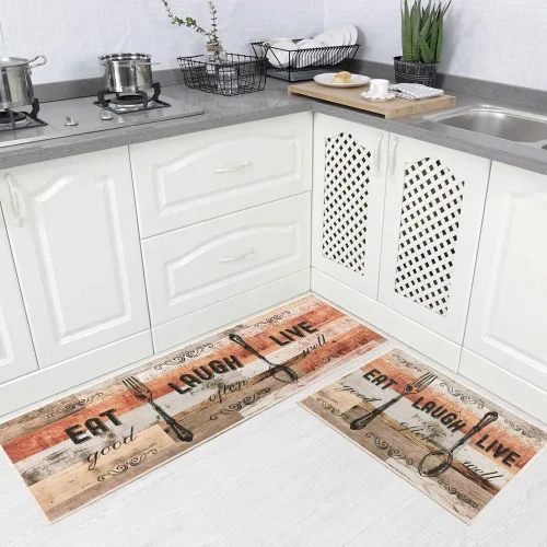 Vista 12 de Juego de 2 alfombras de cocina de 17 x 48 pulgadas + 17 x 24 pulgadas, tapetes antideslizantes lavables para suelo de cocina, 2 tapetes cómodos