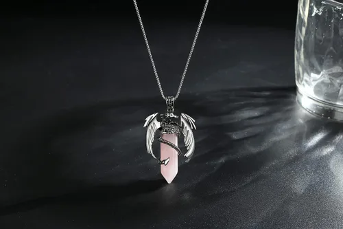 Vista 2 de XIANNVXI Collar vintage de piedra curativa de cristal de cuarzo rosa para hombres y mujeres, collar de dragón, collar de dragón fresco, simple