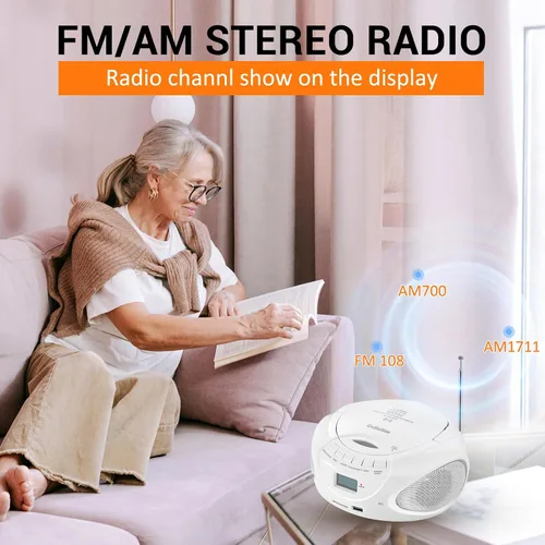 Vista 3 de Reproductor de CD portátil con Bluetooth, reproductor de CD de radio AM/FM con altavoces estéreo, entrada USB/SD/AUX, conector para auriculares