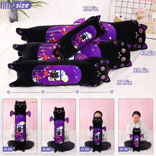 Vista 7 de AIXINI Almohada larga de felpa de gato negro de dibujos animados, suave juguete de peluche de gatito Kawaii para niños (gato gótico, 35.4 pulgadas)