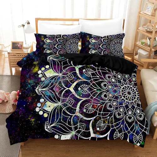 Vista 10 de Juego de funda de edredón de galaxia, diseño floral rústico con mandala, tamaño Queen, espacio exterior bohemio, color azul, Microfibra, Estilo 1