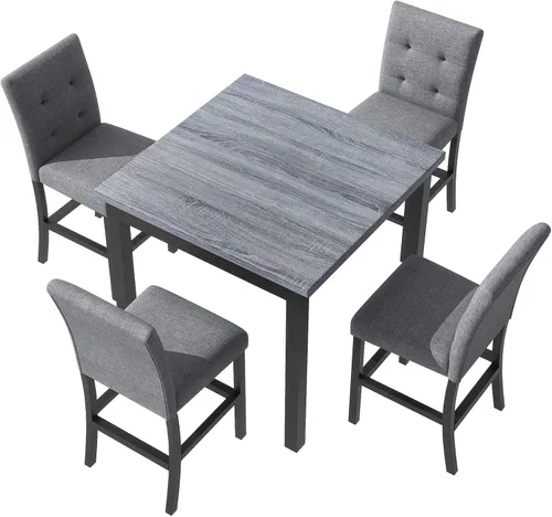 Vista 8 de Elegante juego de mesa de comedor, juego de comedor cuadrado de 5 piezas con altura de mostrador con 4 sillas tapizadas de respaldo alto, diseño
