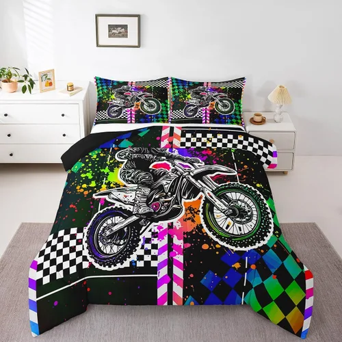 Vista 11 de Feelyou Kids Green Dirt Bike Duvet Insert Twin Size, Extreme Sports Comforter Set Boys Girls Motorbike Bedding Set Teens Bedroom Decor Microfiber