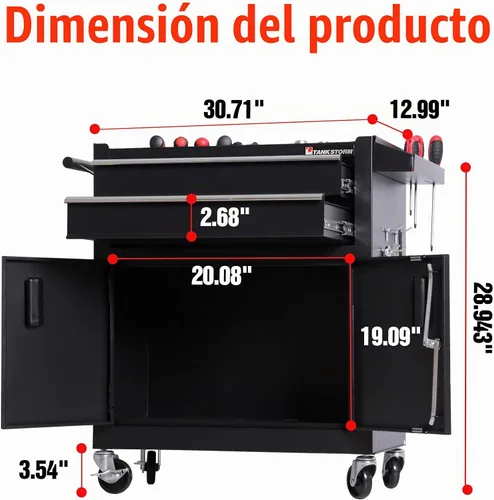 Vista 3 de Caja de herramientas resistente con carrito de acero rodante con puertas con cerradura (TZ12 Negro)