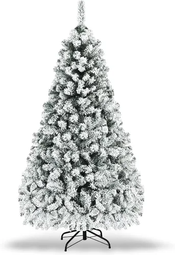 Vista 21 de COSTWAY Árbol de Navidad flocado de nieve de 6 pies, pino artificial con bisagras Blanco