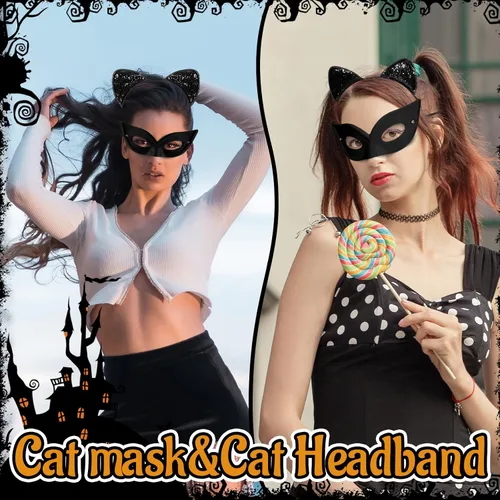 Vista 5 de Crowye 20 piezas de máscara de Halloween negro y gato con brillantina, disfraz de gato cosplay, accesorio de disfraz para mujeres y adultos, niños