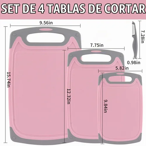 Vista 2 de Juego de 4 tablas de cortar de plástico para cocina, con patas antideslizantes y ranura profunda para jugo, mango de fácil agarre, aptas