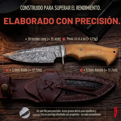 Vista 5 de BIGCAT ROAR Predator Hunter - Cuchillo de hoja fija de acero de Damasco hecho a mano de 10" - Mango de madera de olivo y funda de piel para cinturón