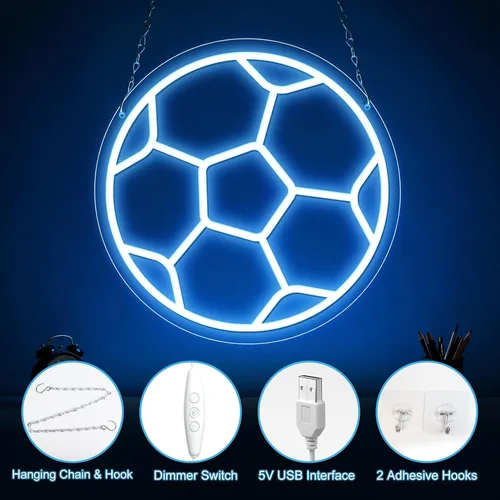 Vista 3 de Letrero de neón de fútbol, letreros de neón LED de fútbol para decoración de pared, luz de fútbol regulable alimentada por USB con interruptor